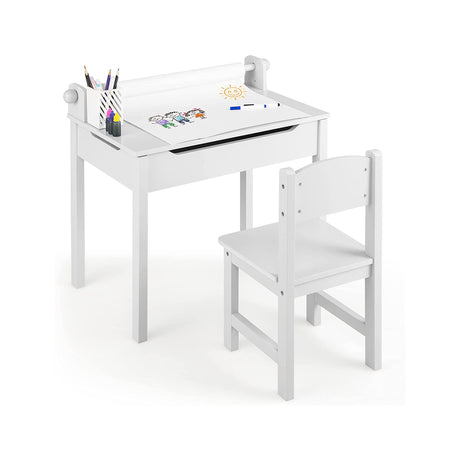 Toddler Activity Table Chair Set with Paper Roll Holder for Drawing, Studying
