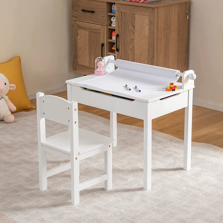 Toddler Activity Table Chair Set with Paper Roll Holder for Drawing, Studying
