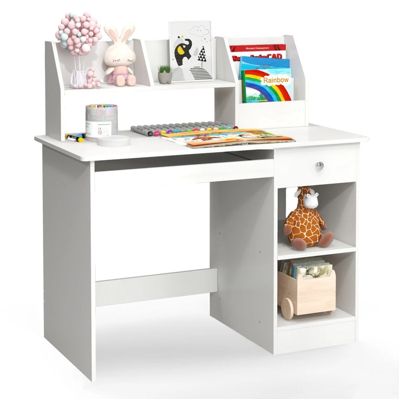 Kids Study Desk Children Writing Table with Hutch Drawer Shelves and Keyboard Tray-White