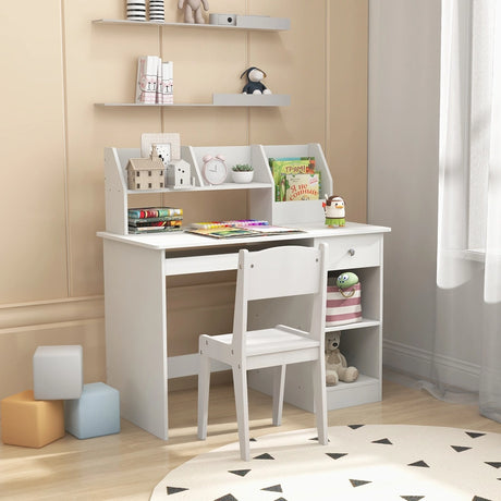 Kids Study Desk Children Writing Table with Hutch Drawer Shelves and Keyboard Tray-White