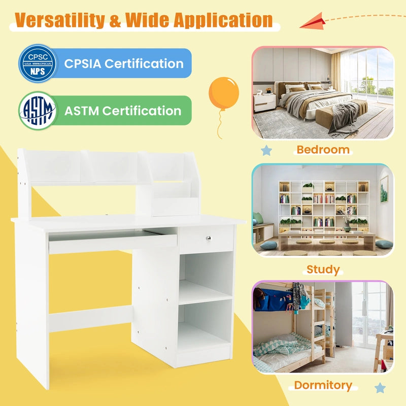 Kids Study Desk Children Writing Table with Hutch Drawer Shelves and Keyboard Tray-White