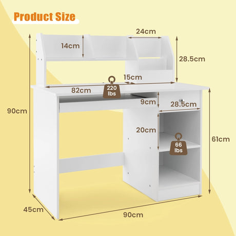 Kids Study Desk Children Writing Table with Hutch Drawer Shelves and Keyboard Tray-White