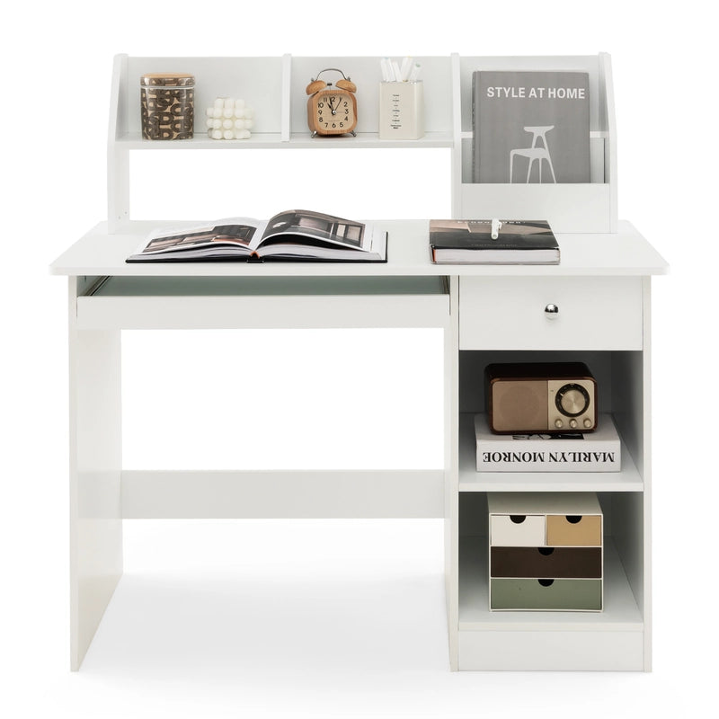 Kids Study Desk Children Writing Table with Hutch Drawer Shelves and Keyboard Tray-White
