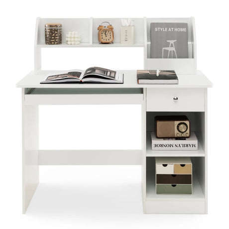 Kids Study Desk Children Writing Table with Hutch Drawer Shelves and Keyboard Tray-White