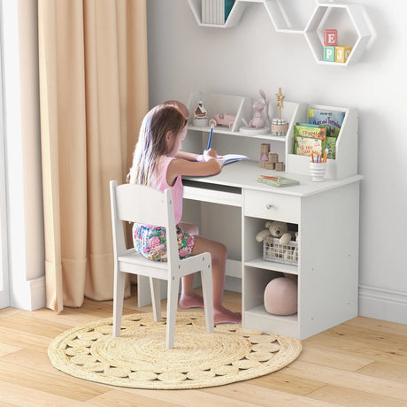 Kids Study Desk Children Writing Table with Hutch Drawer Shelves and Keyboard Tray-White