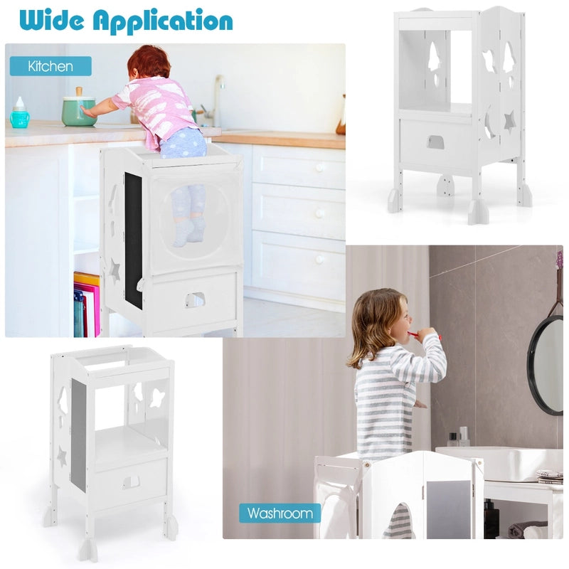 Wooden Kids Kitchen Step Stool with Blackboard-White