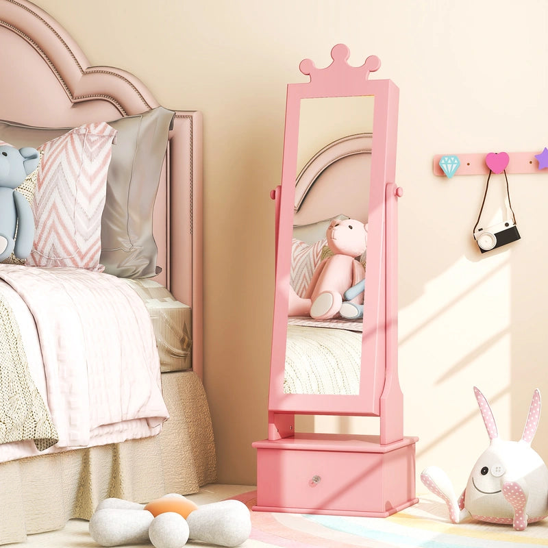 2-in-1 Kids Play Jewelry Armoire with Full Length Mirror and Drawers-Pink