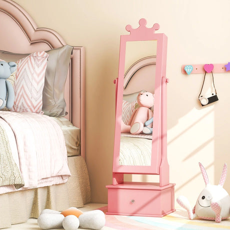 2-in-1 Kids Play Jewelry Armoire with Full Length Mirror and Drawers-Pink