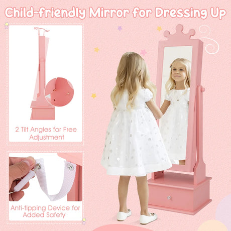 2-in-1 Kids Play Jewelry Armoire with Full Length Mirror and Drawers-Pink