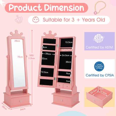2-in-1 Kids Play Jewelry Armoire with Full Length Mirror and Drawers-Pink
