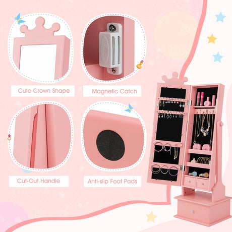 2-in-1 Kids Play Jewelry Armoire with Full Length Mirror and Drawers-Pink