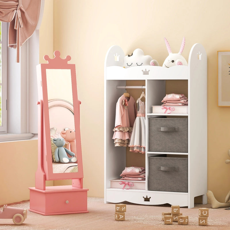2-in-1 Kids Play Jewelry Armoire with Full Length Mirror and Drawers-Pink