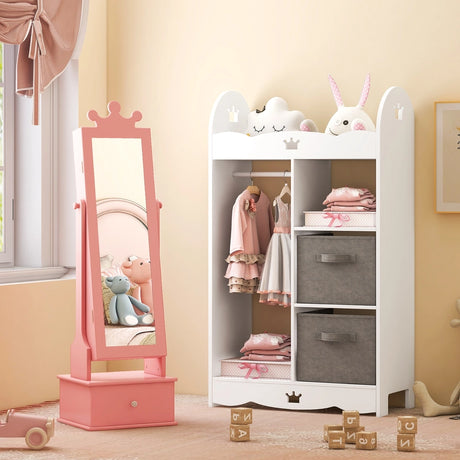 2-in-1 Kids Play Jewelry Armoire with Full Length Mirror and Drawers-Pink