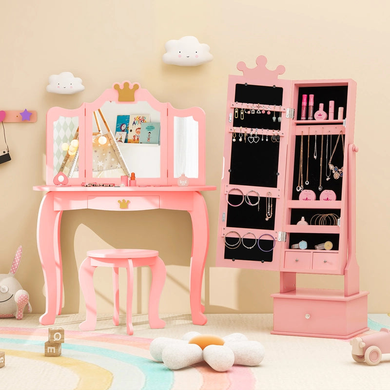 2-in-1 Kids Play Jewelry Armoire with Full Length Mirror and Drawers-Pink