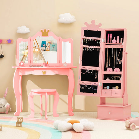 2-in-1 Kids Play Jewelry Armoire with Full Length Mirror and Drawers-Pink