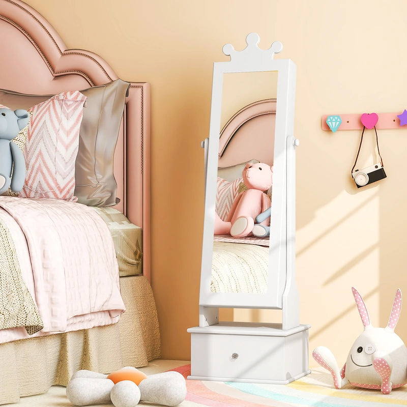 2-in-1 Kids Play Jewelry Armoire with Full Length Mirror and Drawers-White