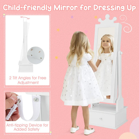 2-in-1 Kids Play Jewelry Armoire with Full Length Mirror and Drawers-White