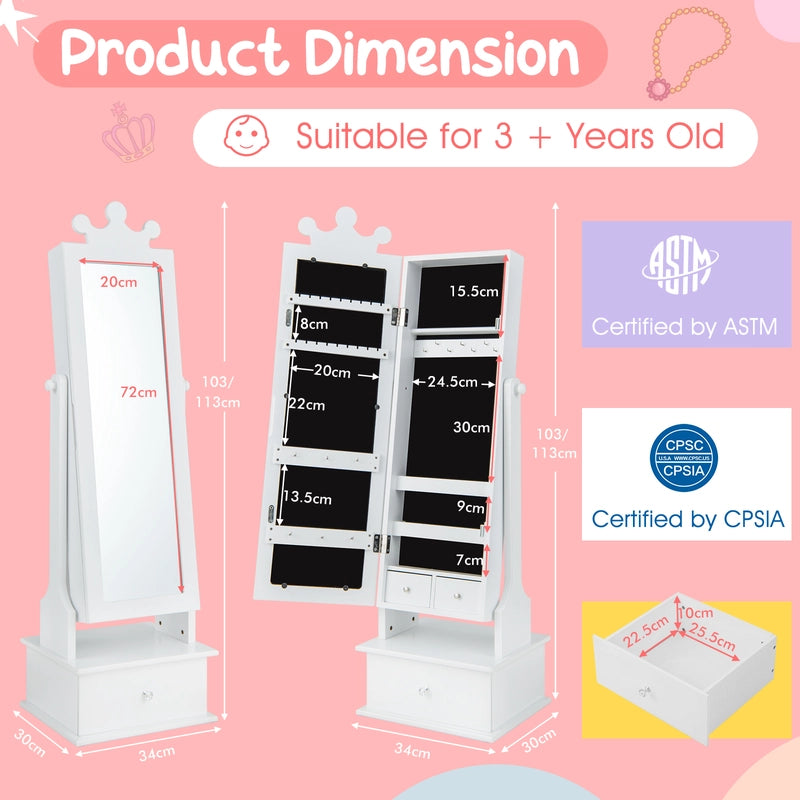 2-in-1 Kids Play Jewelry Armoire with Full Length Mirror and Drawers-White