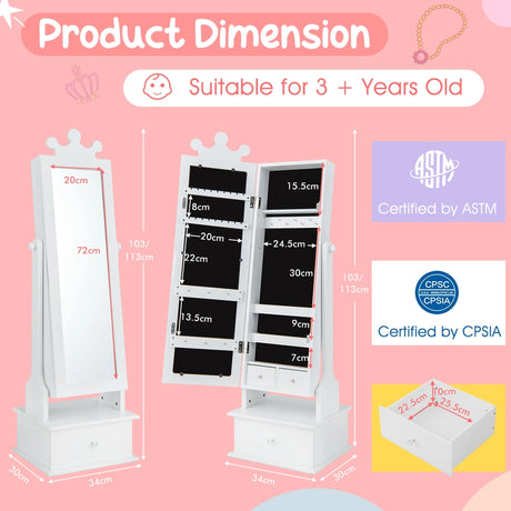 2-in-1 Kids Play Jewelry Armoire with Full Length Mirror and Drawers-White