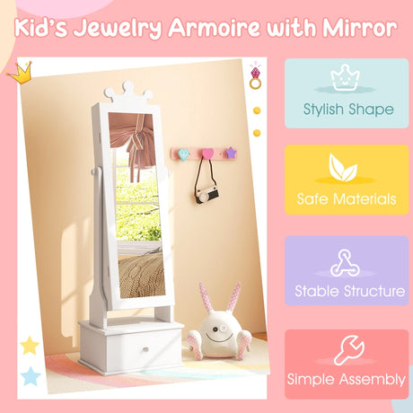 2-in-1 Kids Play Jewelry Armoire with Full Length Mirror and Drawers-White