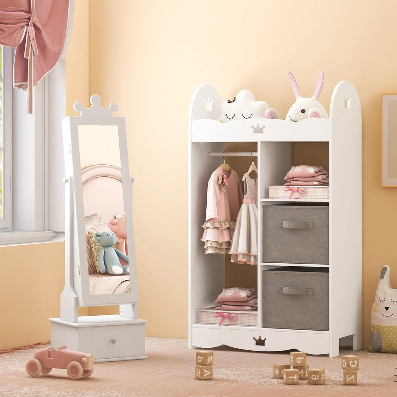 2-in-1 Kids Play Jewelry Armoire with Full Length Mirror and Drawers-White