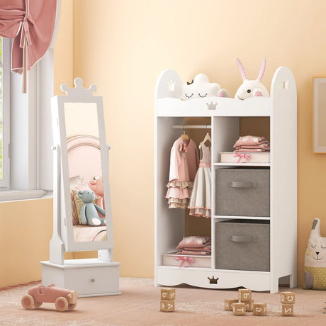 2-in-1 Kids Play Jewelry Armoire with Full Length Mirror and Drawers-White