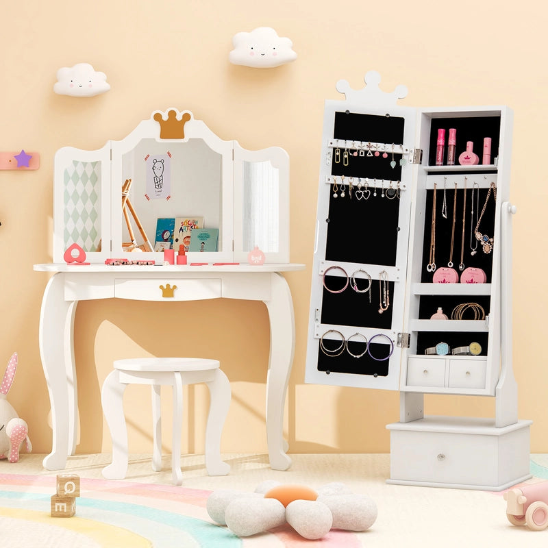 2-in-1 Kids Play Jewelry Armoire with Full Length Mirror and Drawers-White