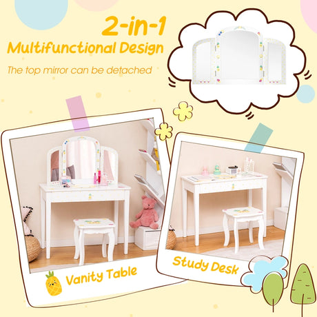 Kids Vanity Set Pretend Play Makeup Dressing Table Set-White