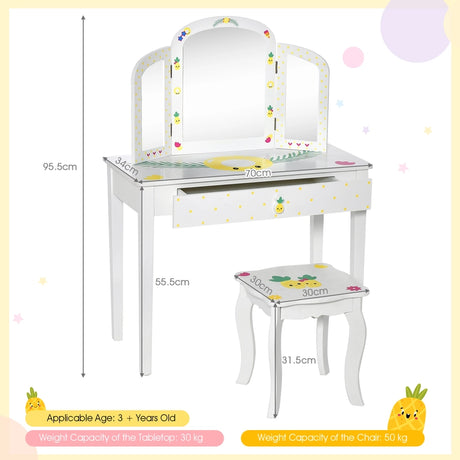 Kids Vanity Set Pretend Play Makeup Dressing Table Set-White