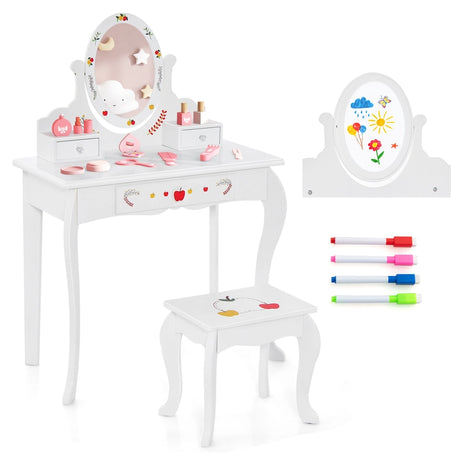 Princess Pretend Play Kids Vanity Set with 360 Rotating Mirror-White