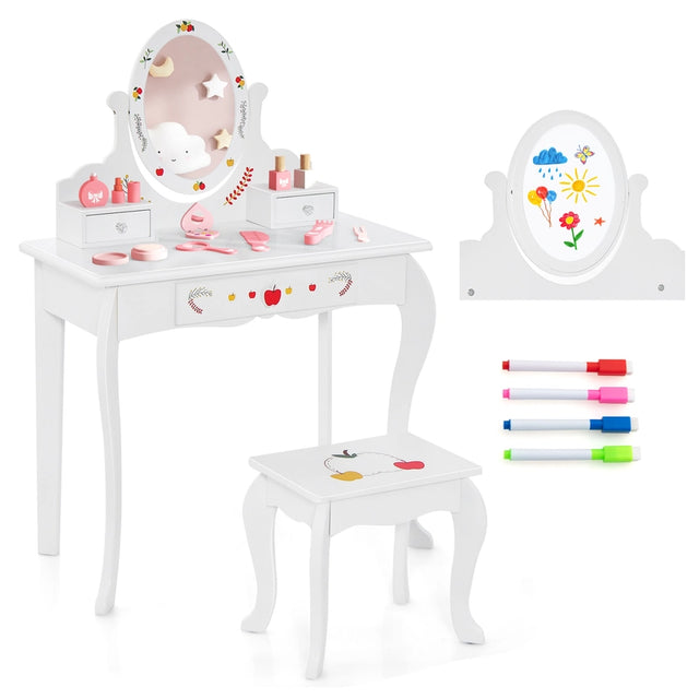 Princess Pretend Play Kids Vanity Set with 360 Rotating Mirror-White
