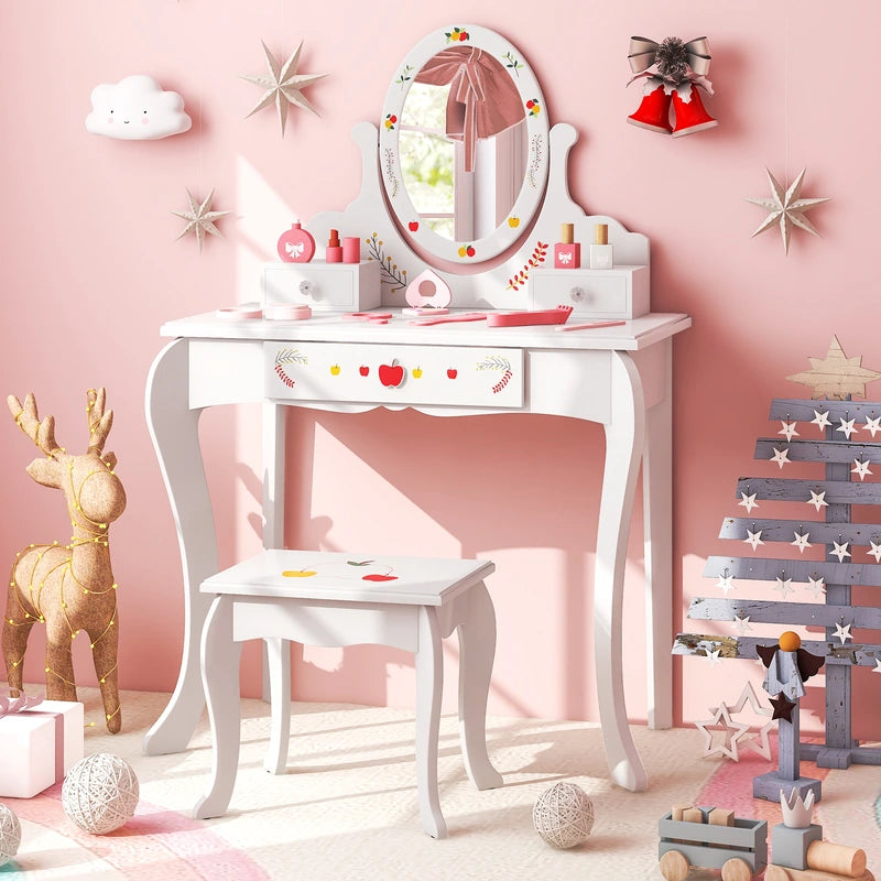 Princess Pretend Play Kids Vanity Set with 360 Rotating Mirror-White