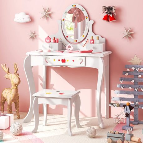 Princess Pretend Play Kids Vanity Set with 360 Rotating Mirror-White