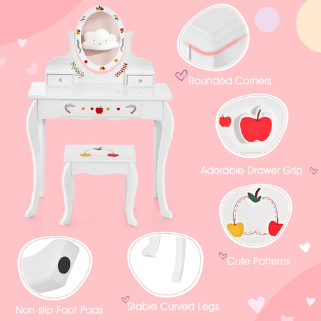 Princess Pretend Play Kids Vanity Set with 360 Rotating Mirror-White