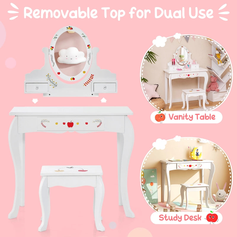 Princess Pretend Play Kids Vanity Set with 360 Rotating Mirror-White