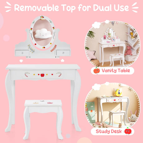 Princess Pretend Play Kids Vanity Set with 360 Rotating Mirror-White