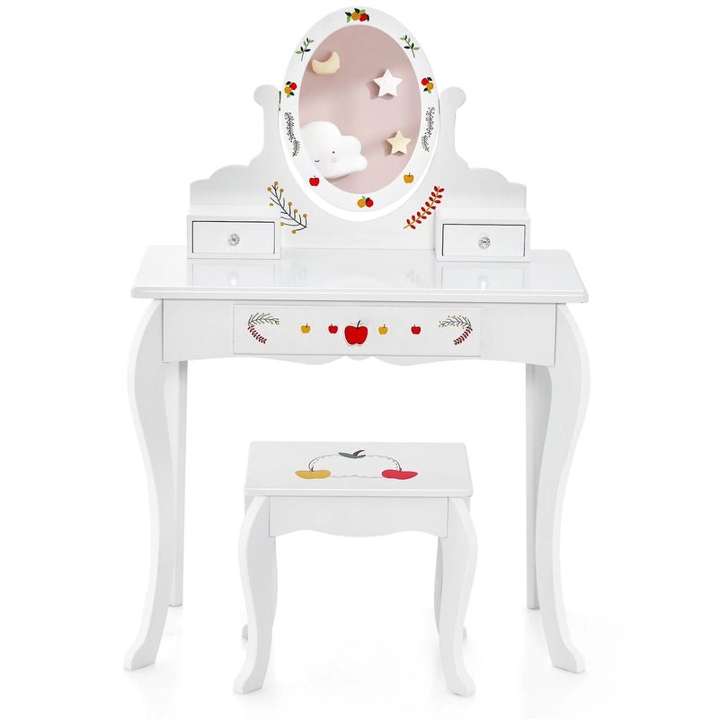 Princess Pretend Play Kids Vanity Set with 360 Rotating Mirror-White