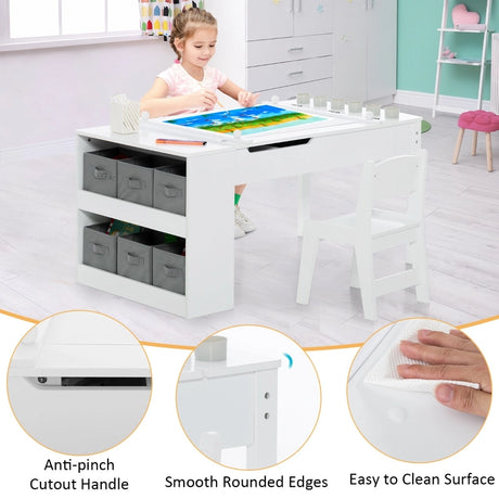 Kids Art Table and 2 Chairs Set with Paper Roll for Daycare Nursery Playroom
