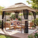 Outsunny 3 x 3 m Outdoor Garden Gazebo with Post Shelves, UPF50+ Double Roof Patio Permanent Pavilion, Brown