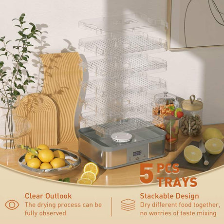 HOMCOM 5 Tier Food Dehydrator, 245W Stainless Steel Food Dryer Machine with Adjustable Temperature, Timer and LCD Display for Drying Fruit, Meat, Vegetable, Jerky and Pet Treat, Grey