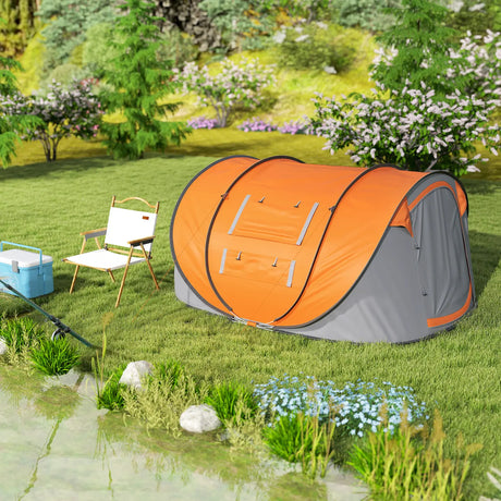 Outsunny 4 Person Pop-up Camping Tent Family Tent with Ground Sheet, 4 Windows and Portable Carry Bag for Beach Outdoor Trip, Orange
