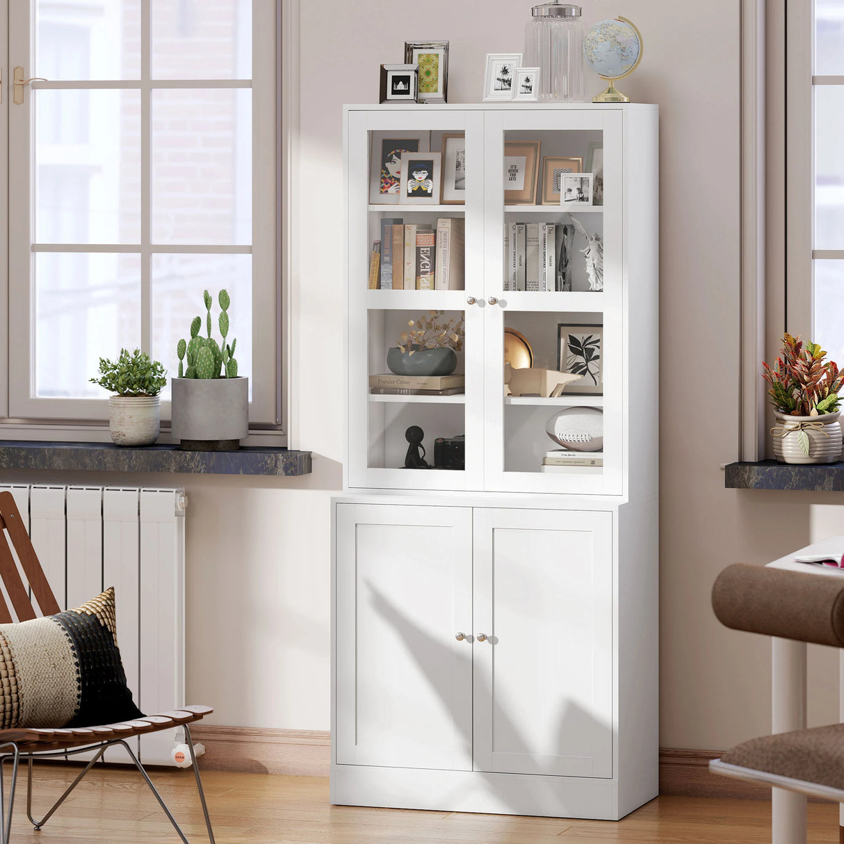 HOMCOM Modern Bookcase with Glass Doors, Display Storage Cabinet with Adjustable Shelves for Living Room, Study, Home Office, Kitchen Cupboard with Small Open Counter, White