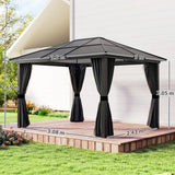 Outsunny 3 x 3.6m Hardtop Gazebo Canopy with Polycarbonate Roof, Aluminium Frame, Permanent Pavilion Garden Gazebo with Netting and Curtains for Patio, Deck, Dark Grey