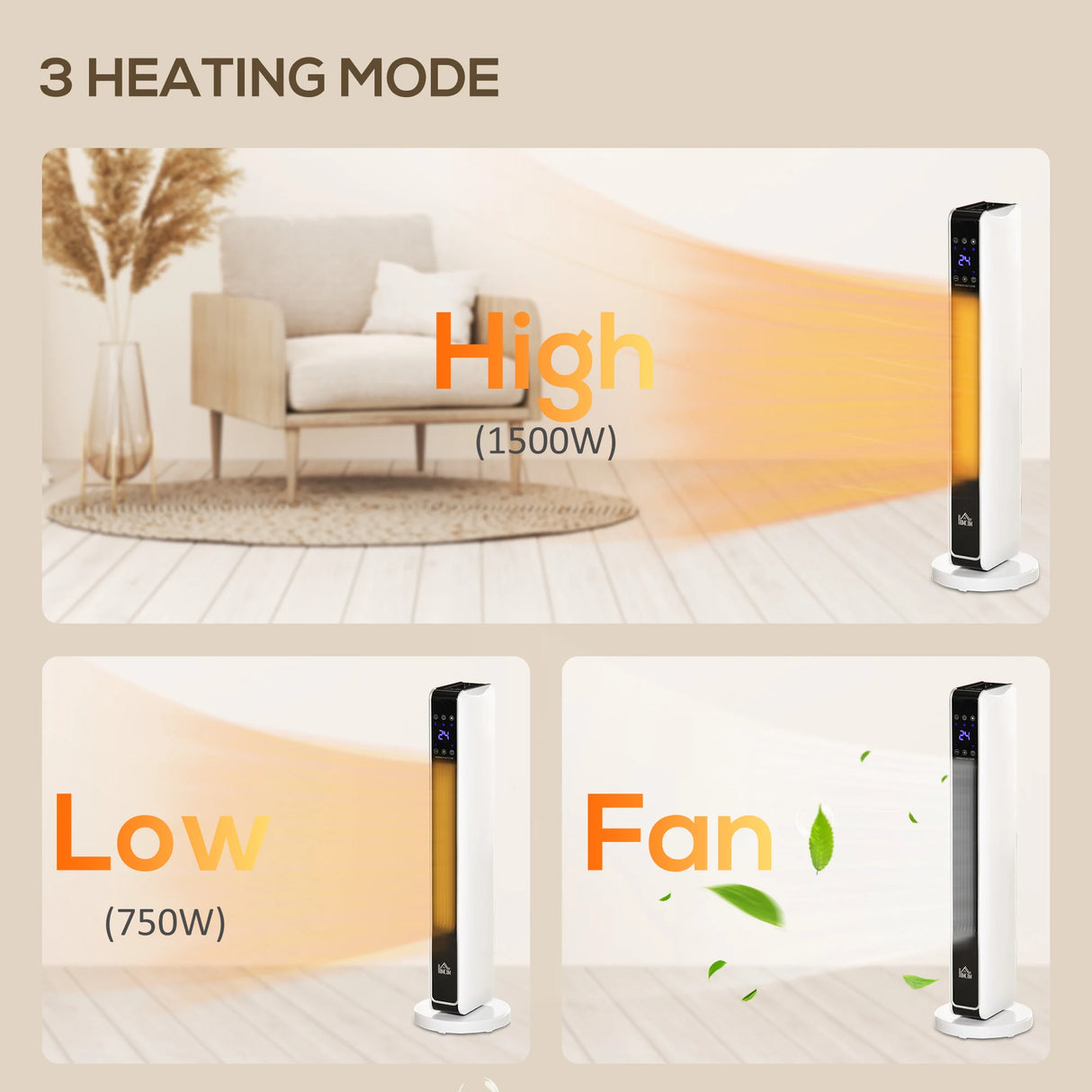 HOMCOM 1100W/2200W Space Heater with 65 Oscillation & 8-Hour Timer and Overheat & Tip Over Protection, Room Heater with 2 Heat and Fan for Bedroom, 29 inch