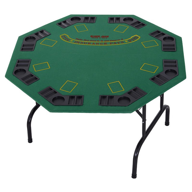 HOMCOM 8 Player Folding Games Poker Table with Chip Cup Holder Steel Base Felt Top Octagon Blackjack Green