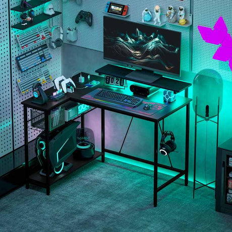 HOMCOM Reversible 'L' LED Light Gaming/Work Desk - Black