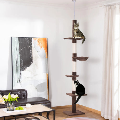 PawHut Floor to Ceiling Cat Tree Height Adjustable 230-260cm, 5-Tier Cat Tower with Scratching Post, Hammock, Perches, Climbing Activity Centre for Indoor Kittens, Brown