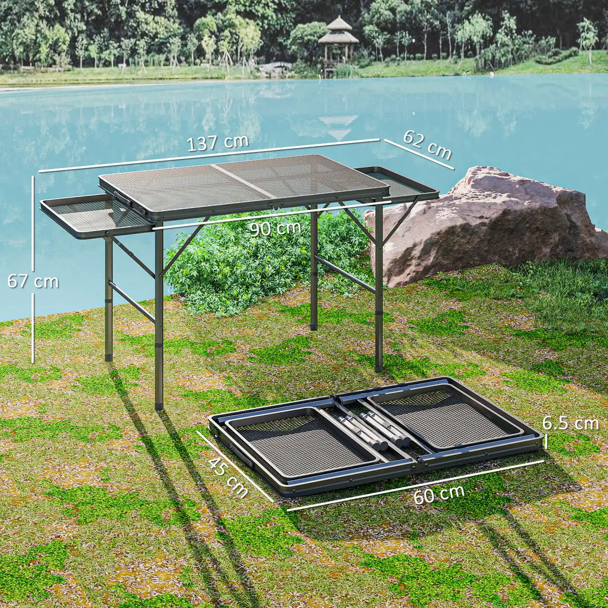 Outsunny Folding Grill Table, 4.5ft Portable Camping Table with 2 Wing Panels, Height Adjustable Metal Picnic Table for Camping, Picnic and BBQ, Black