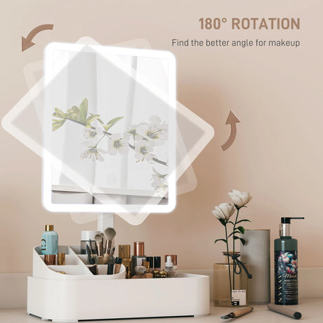 HOMCOM Makeup Mirror with Lights, Rechargeable Vanity Mirror w/ Touch Screen, 2 Lighting Modes and 180 Rotation, White