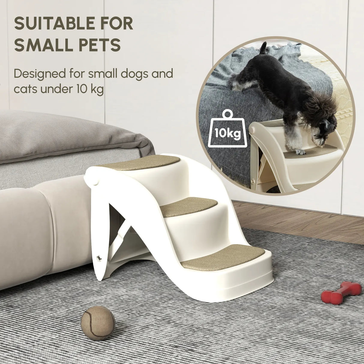 PawHut Foldable Pet Stairs Portable Dog Steps 3-Step Design with Non-slip Mats for High Beds, Sofas, 49 x 38 x 38 cm, Cream